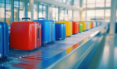 Bright luggage lined up on airport carousel system