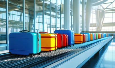 Vibrant luggage on airport conveyor belt in terminal.