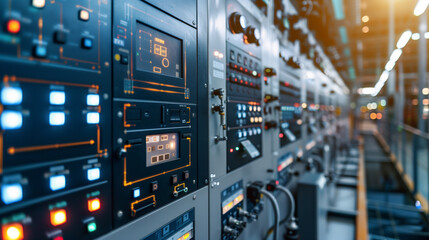 Naklejka premium modern electricity management switchgear at power plant with digital info display