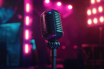 A microphone standing alone on a stage, ready for performance