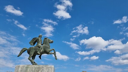 alexander the great statue sky clouds on the horse in salonica greece