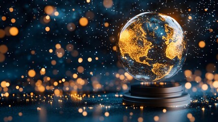 Globe with golden lights, dark background with bokeh