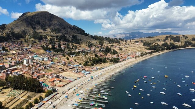 Aerial photo of Copacabana, Bolivia, Lake Titicaca