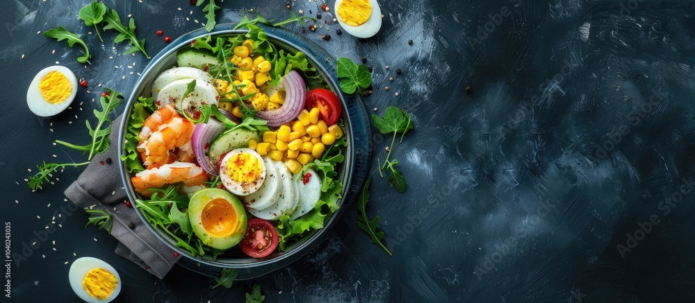 Aufkleber vegetarian salad with crab sticks eggs onion and corn in a bowl with copy space image for a web bann
