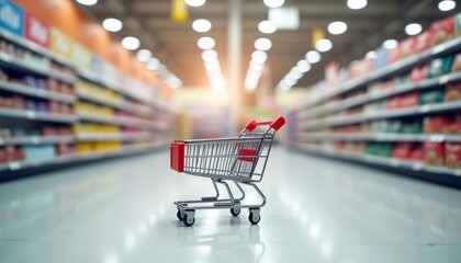  Empty shopping cart in aisle of grocery store
