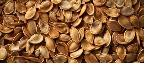 Dried pumpkin seeds with a salted roasted flavor set against a background of pumpkin seeds creating a food centric top view image with copy space