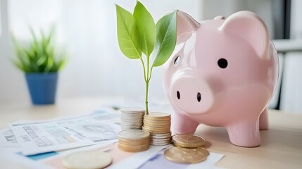 Piggy bank with plant growing, financial growth