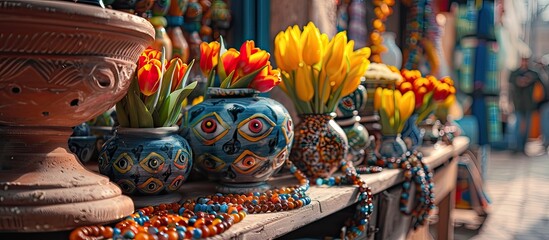 Ceramic tulip ornaments and evil eye beads displayed in a Mediterranean market setting with copy space image