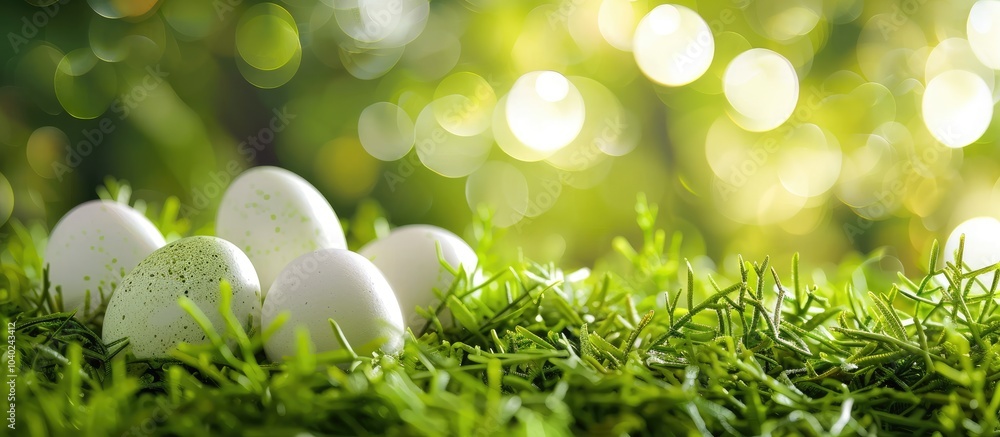 Poster white bird eggs placed on fresh green grass with plenty of copy space image available for adding tex