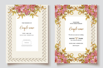 Fototapeta premium WEDDING INVITATION FRAME WITH FLOWER DECORATIONS AND FRESH LEAVES 