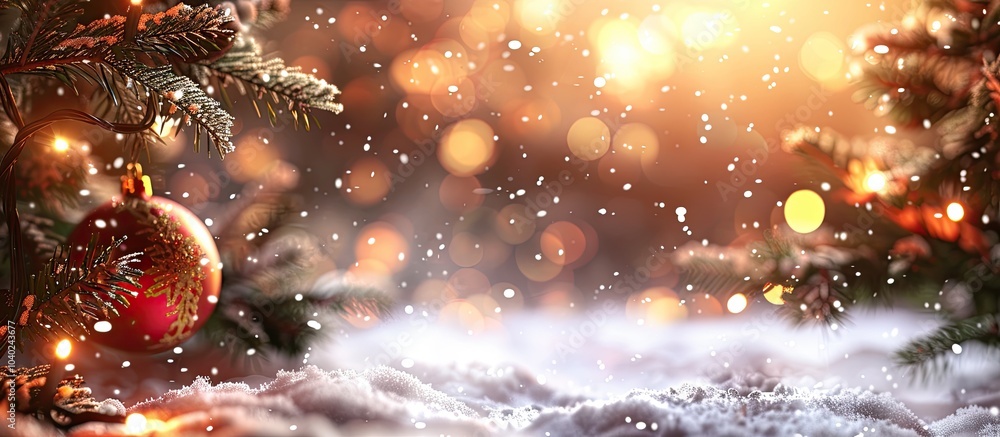 Poster festive christmas backdrop with snow and soft bokeh greeting card for christmas and new year with ro