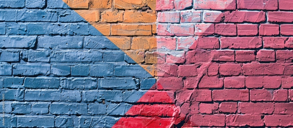 Poster geometric and embossed compositions on a brick wall create a stylish backdrop with ample copy space 
