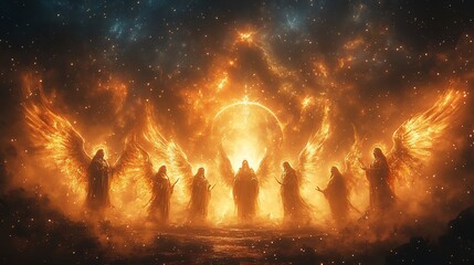 Seven archangels guarding heavenly realms each holding a unique divine symbol glowing halos and radiant auras standing against a cosmic background of stars and ethereal light