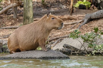 Obraz premium A brown capybara standing on a rock in a natural environment with foliage in the background
