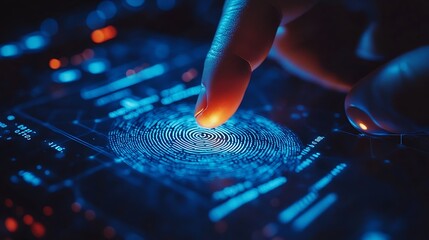A person using a biometric fingerprint scanner for time tracking, glowing interface displaying the time and date, sleek modern device design, dark background with blue ambient lighting,