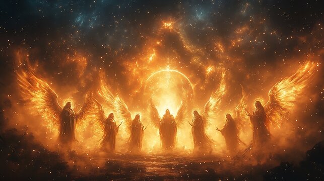 Seven archangels guarding heavenly realms each holding a unique divine symbol glowing halos and radiant auras standing against a cosmic background of stars and ethereal light