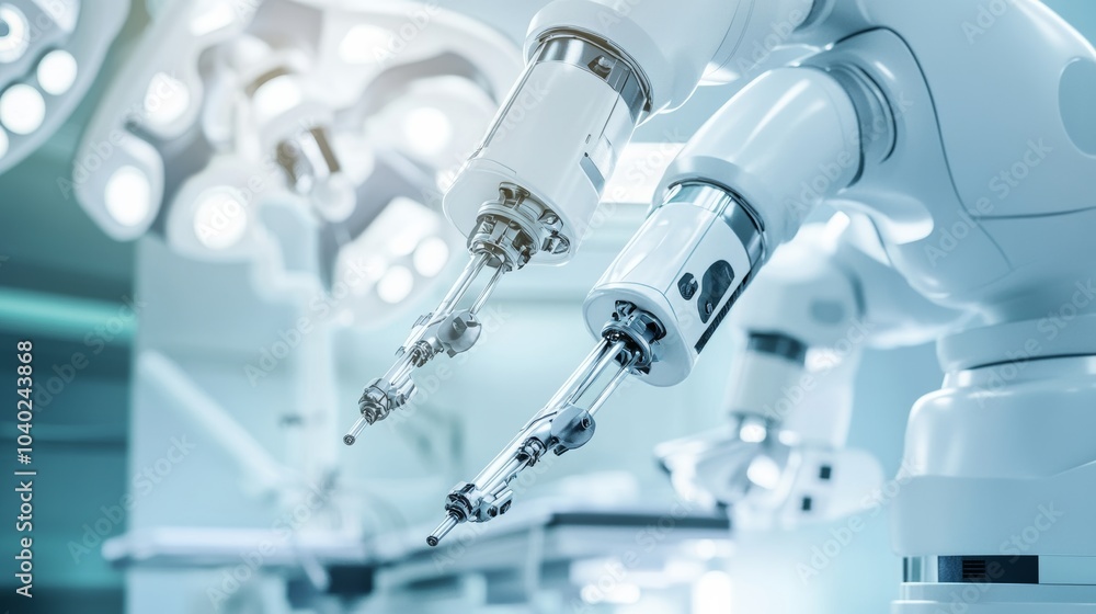 Poster a robot performing intricate robotic surgery in a futuristic surgical theater with advanced robotic 