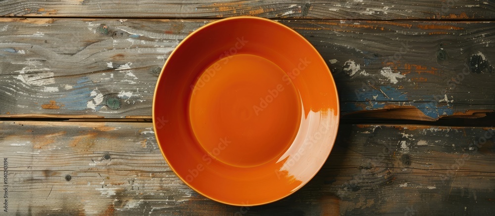 Poster a plain orange plate is set against a wooden surface from a top view with ample copy space visible