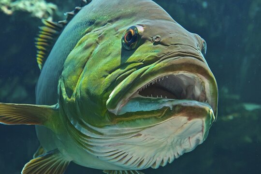 A close-up of a large green grouper fish with a wide open mouth and visible teeth