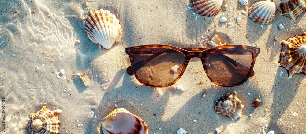 Poster summery sunglasses placed on a beach like backdrop with a seashell offering a top down view and room