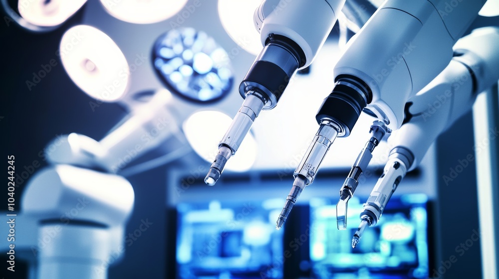 Poster a robot performing intricate robotic surgery in a futuristic surgical theater with advanced robotic 