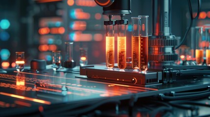 Medical research lab with glowing test tubes and digital charts