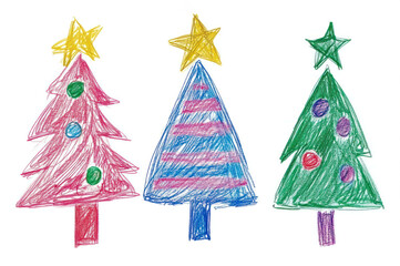 Children's crayon drawing of Christmas theme in festive attire celebrating with Christmas tree.