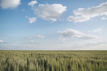 Obraz premium A field of tall green grass under a blue sky with fluffy white clouds