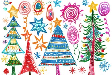 Obraz premium Children's crayon drawing of Christmas theme in festive attire celebrating with Christmas tree.