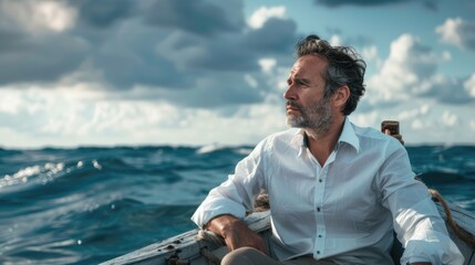 Fototapeta premium A person sitting in a small boat, wearing a white shirt
