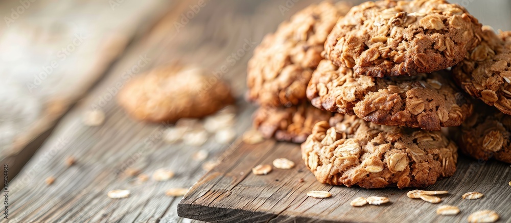 Poster wooden table showcasing delicious and healthy oatmeal cookies with room for text or graphics in the 