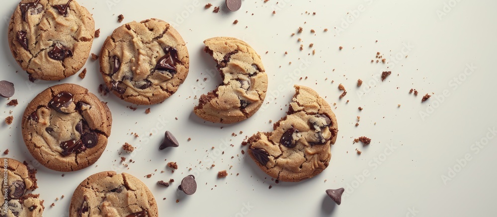 Poster crumbled chocolate chip cookies in a chaotic scene with a broken cookie and copy space image