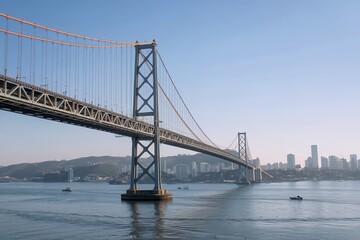 Naklejka premium A large suspension bridge spanning a body of water, with a city skyline visible in the background