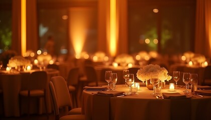 A classy corporate event space with ambient lighting and elegant table sets