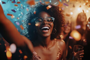 A happy woman holds a glass of champagne, ready to celebrate