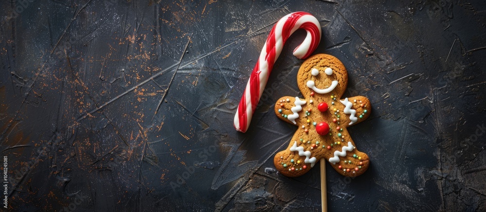 Poster a christmas themed gingerbread man and candy cane cookie on a stick decorated with colorful icing di