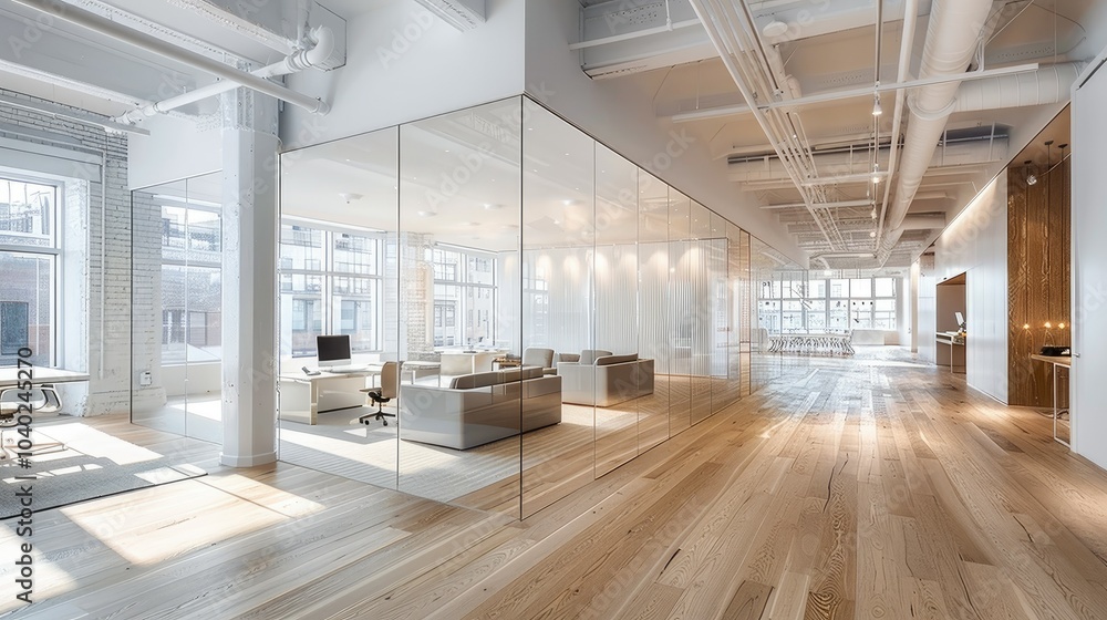 Poster innovative office design with transparent walls and open spaces