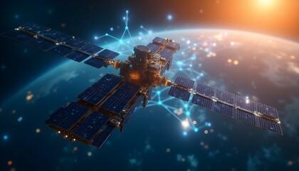 A space satellite orbiting the Earth, with glowing blue energy beams