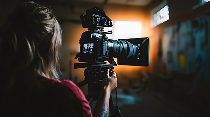 Kamerafrau beim Filmen mit professioneller Ausrüstung