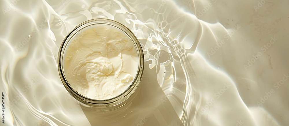 Poster jar of cream placed in water on a light background seen from above ideal for text placement due to t