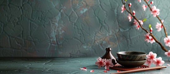 Obraz premium Table decorated with cherry blossom branch and chopsticks representing Japanese culinary tradition offering generous copy space image