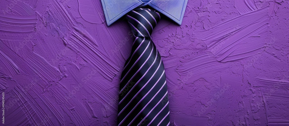 Aufkleber top down view of a striped necktie against a purple backdrop with room for adding text in the image.