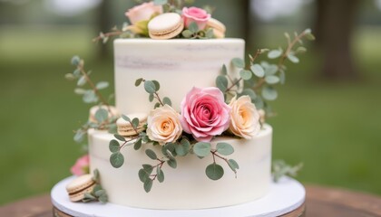  Elegant wedding cake with floral accents and macarons