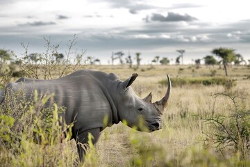 Obraz premium A rhinoceros amidst a vast savannah landscape