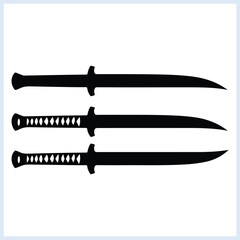 Different shapes Japanese sword and knife black silhouette set