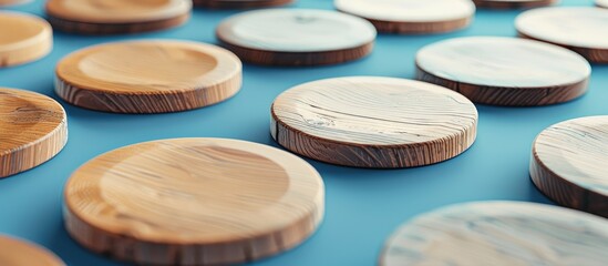 Obraz premium Symbol of successful onboarding depicted on wooden circles with a lovely blue and white backdrop representing business onboarding success with available copy space image