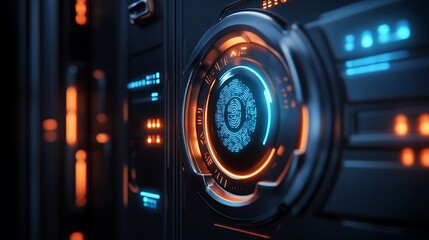 A smart door lock being unlocked with a glowing fingerprint scanner, holographic biometric interface confirming access, sleek modern design with metallic finish,