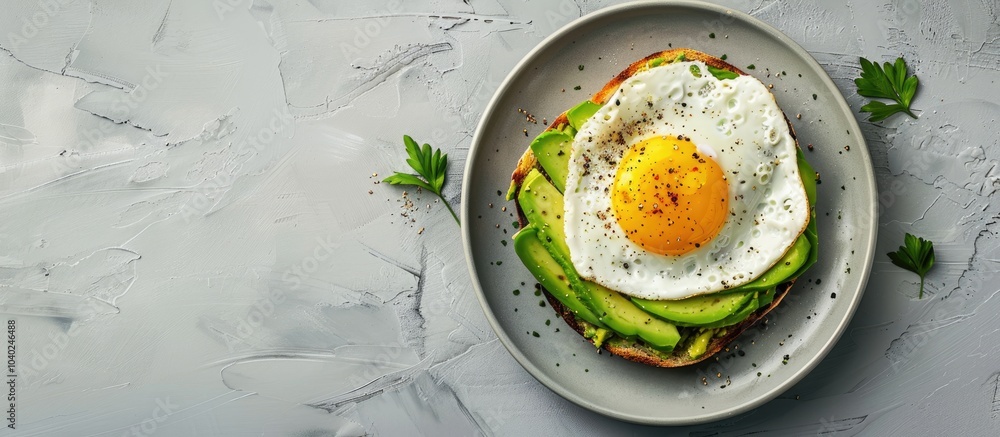 Poster top view of a breakfast dish featuring baked avocado and egg on a gray background with ample copy sp
