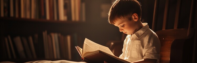 little boy reading a big book
