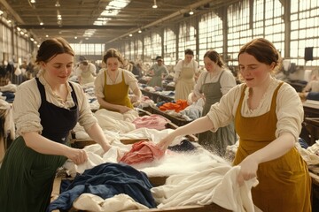 Women sorting and washing laundry in a large communal space during the early 20th century
